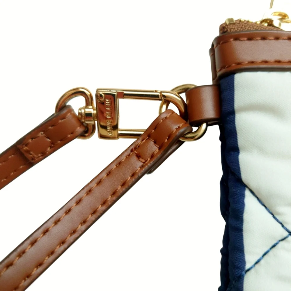 ANNE KLEIN Quilted Wristlet Pouch White Navy Stripes Faux Brown Leather Trim